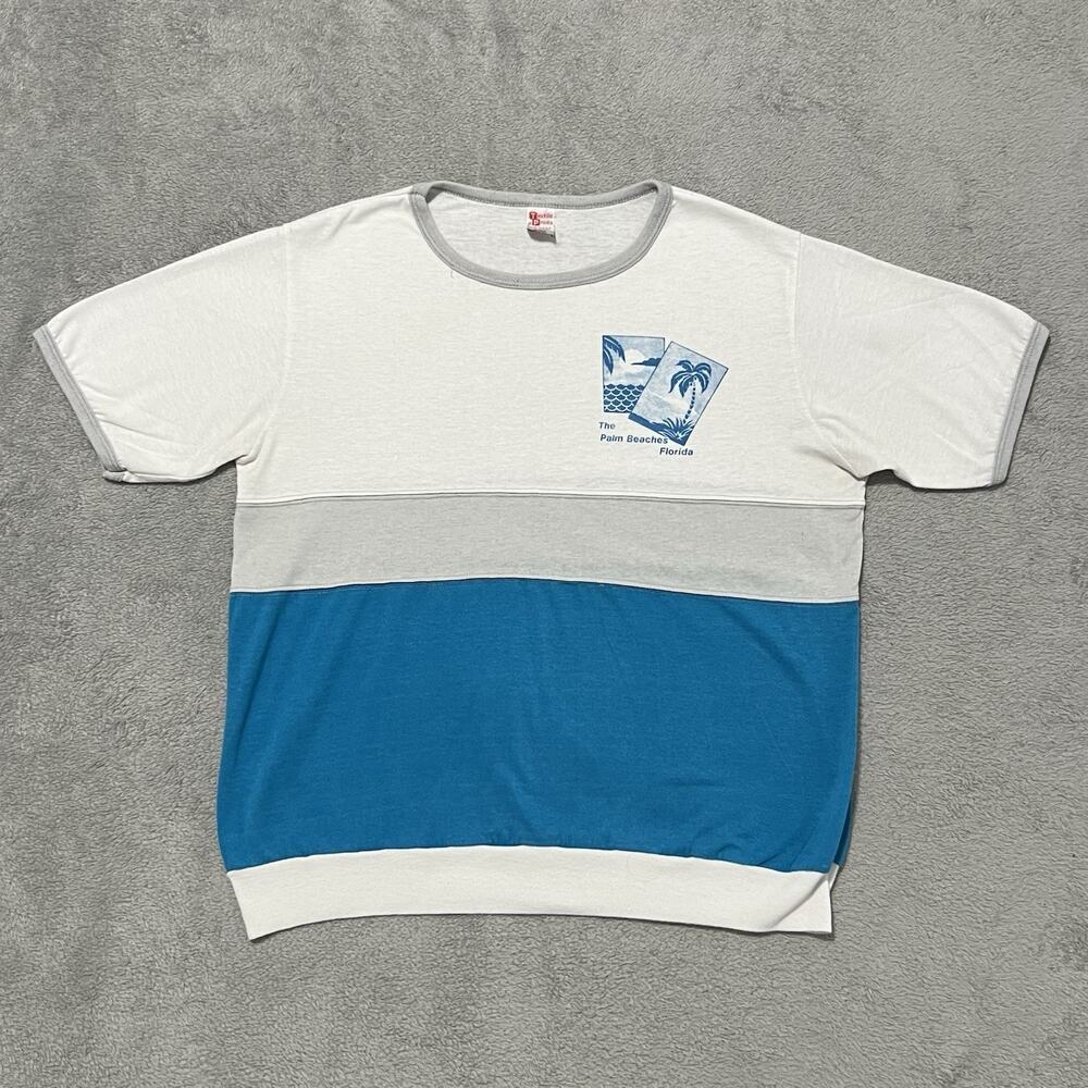 Palm Beach T Shirt Mens L White Blue Florida Vintage USA Made Textile Prints Tee